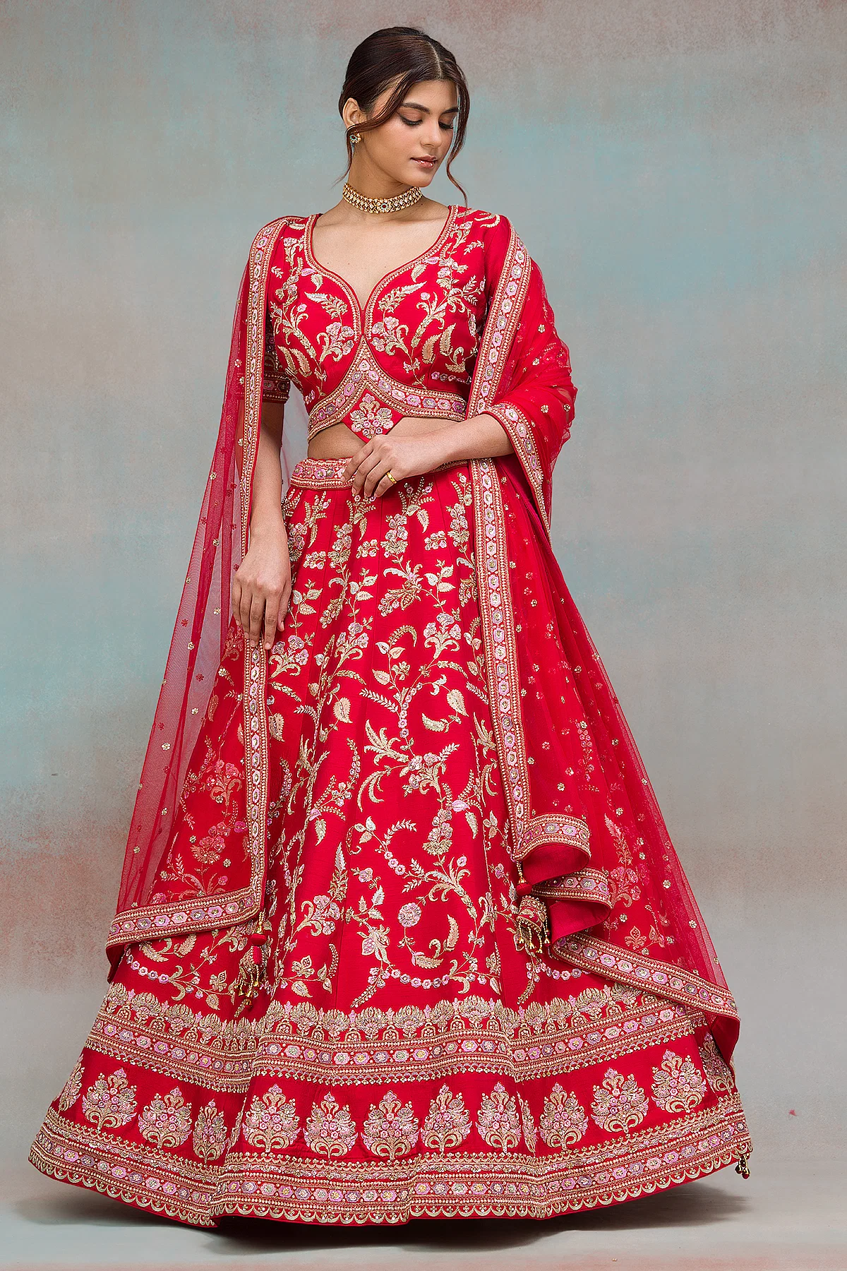 cute girl wear red bridal lehenga